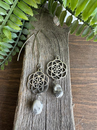 Grey White Square Jasper V Dangle Earrings