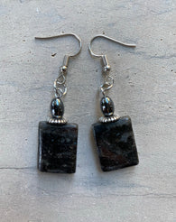 Black Granite and Hematite Rectangular Dangle Earrings